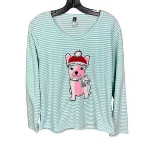 PJ Couture Pajama Top Aqua White Stripe Dog Appliqué Christmas Junior Large